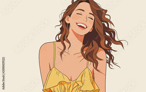 Joyful young woman laughing happily in a yellow camisole