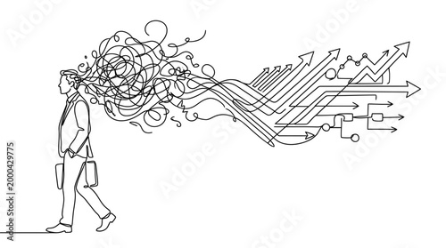 Continuous line drawing of a businessman organizing complex thoughts into clear strategy.