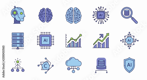 Icons representing artificial intelligence, brains, circuits, data, and growth charts