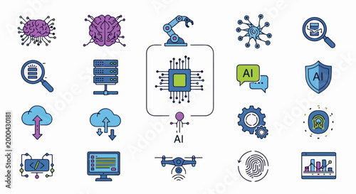 This colorful icon set visually represents artificial intelligence, data, and automation concepts