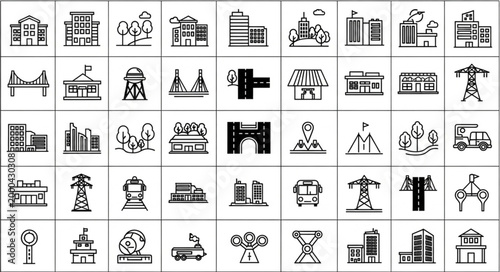 Collection of Building Icons and Cityscape Elements.