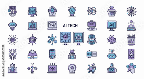 A grid of stylized icons depicting various AI technologies, including robots, networks, and data