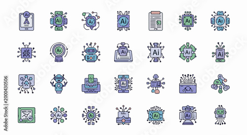 A collection of stylized icons representing artificial intelligence, featuring circuits, robots, and processors