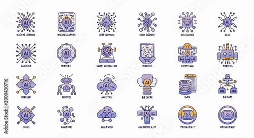 Collection of stylized icons depicting Artificial Intelligence concepts and applications