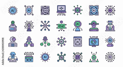 A grid of diverse icons representing artificial intelligence concepts and technologies