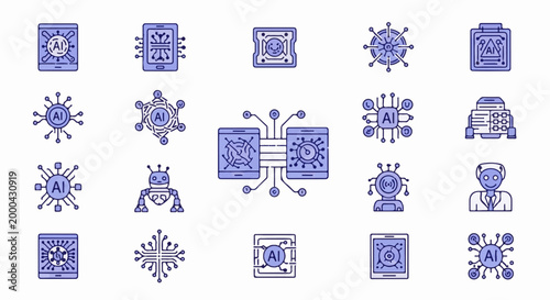 A collection of stylized icons depicting artificial intelligence, circuits, and robots