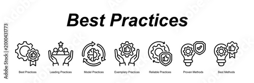 Принти на полотні Best Practices banner web icon vector illustration concept with an icon of business with icon of Best Practices, Leading Practices, Model Practices, Exemplary Practices, Reliable Practices, Proven Me