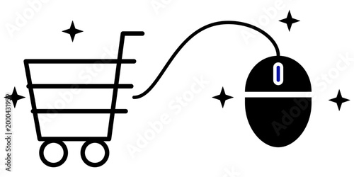 Online shopping icon with shopping cart and computer mouse