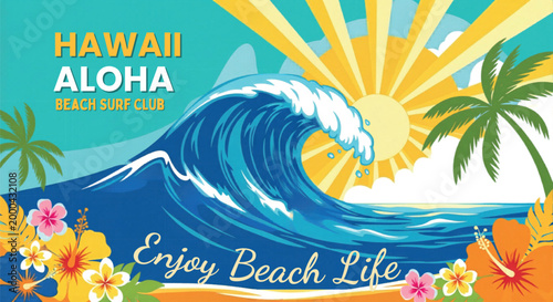 Vintage Hawaii Aloha beach surf club vector illustration, tropical ocean wave with sun rays and palm trees, summer vacation poster with hibiscus flowers isolated PNG with Transparent Background
