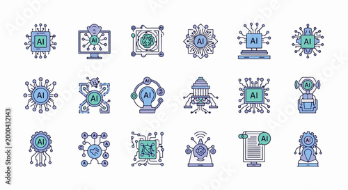Collection of abstract icons symbolizing artificial intelligence, featuring stylized circuits, brains, and processors