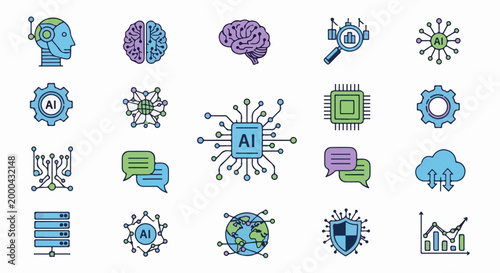 Collection of icons representing artificial intelligence, machine learning, and data concepts