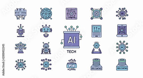Collection of AI and technology icons including robots, processors, data stacks, and neural networks