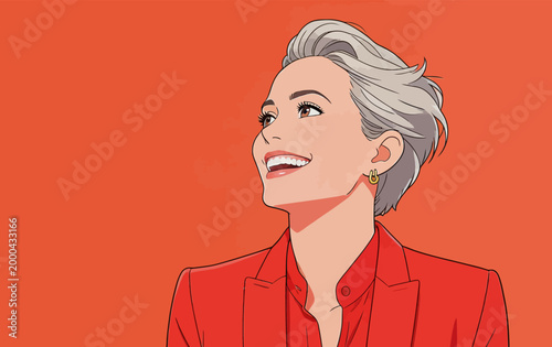 Joyful Short Haired Woman in Red Suit Illustration