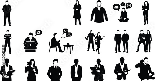 Professional Business People Using Technology for Work, Communication, and Collaboration in Office and Digital Environments