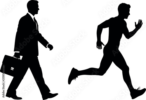 Black silhouette vector of a professional businessman walking with a briefcase alongside a muscular male athlete running for fitness and success.