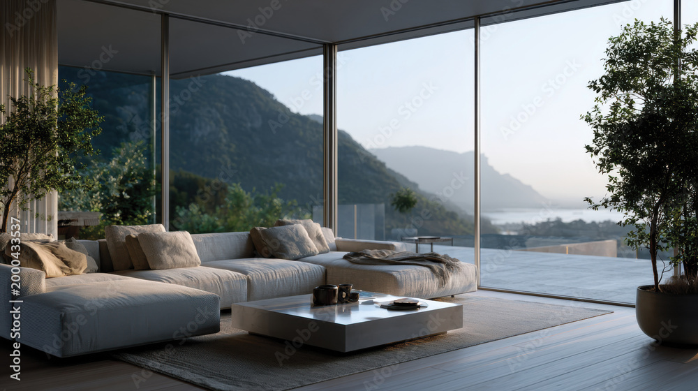 Fototapeta premium A beautifully designed living area that opens to a breathtaking scenic mountain view, blending indoor comfort with the beauty of nature in a perfect setting.