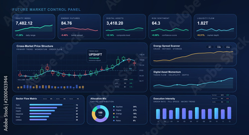 Futuristic Financial Market Control Dashboard. Dark fintech dashboard with market indexes, candlestick chart, asset momentum, sector flows and allocation metrics, analytics. Vector UI admin panel