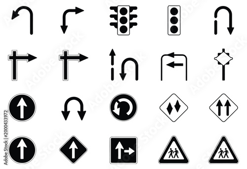 Traffic sign icon, black road safety symbols, direction arrows pedestrian crossing traffic light graphics, transportation vector illustration