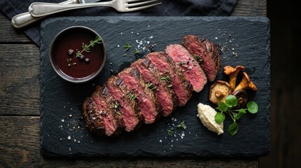 Top view of sliced horse fillet on black slate board, gourmet meat presentation, culinary concept, dark food styling, refined plating, realistic texture, no logos