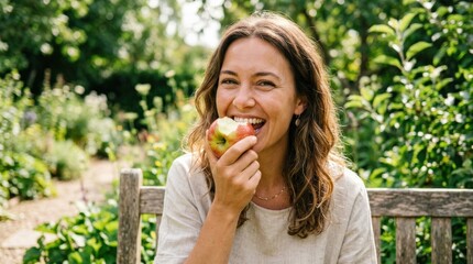 Woman enjoying a fresh apple bite for healthy living, wellness lifestyle portrait for nutrition, fitness, diet and clean eating themes, natural smile, soft daylight, crisp fruit detail, bright outdoor