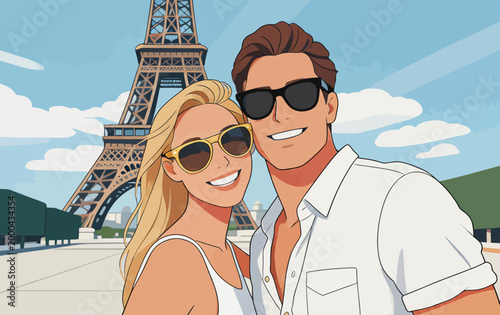 Happy tourist couple taking selfie in front of Eiffel Tower