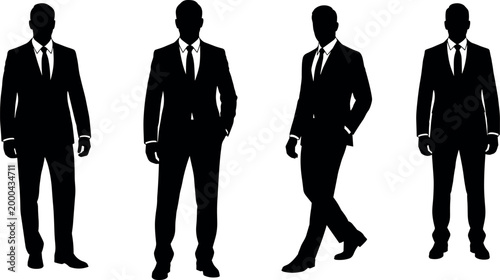 Set of elegant businessman silhouettes in formal suits and ties standing in various professional poses isolated on white background vector
