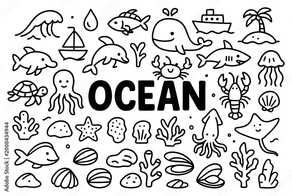 Obraz premium Ocean icons with whale fish coral outline