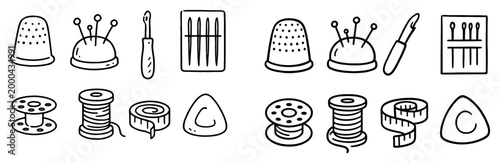 Sewing icons with thimble spool needle outline