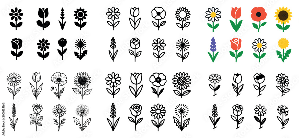Obraz premium Diverse flower icons and outlines