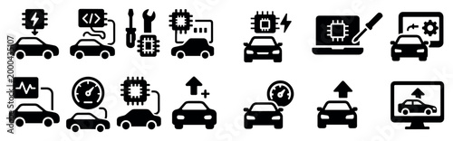Automotive technology icons with car chip wrench bold