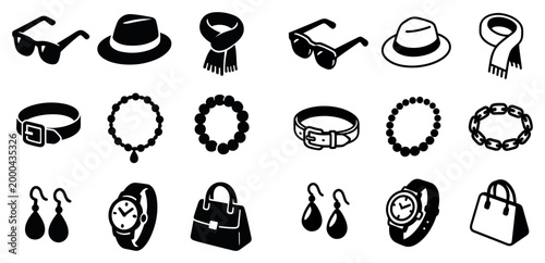 Fashion icons with hat bag watch flat minimal