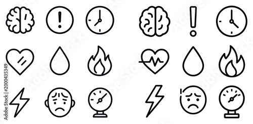 Health icons with brain heart and clock outline