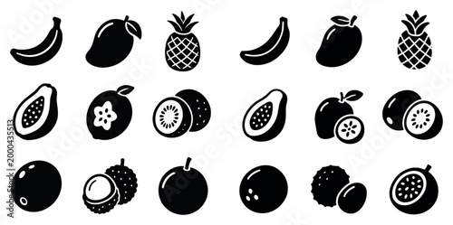 Tropical fruit icons with banana mango pineapple bold
