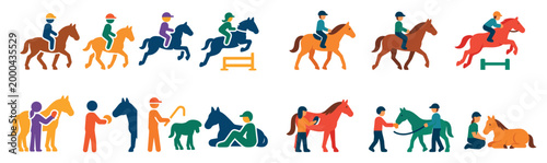 Equestrian icons with rider horse grooming colorful