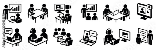 Business icons with meeting laptop presentation outline