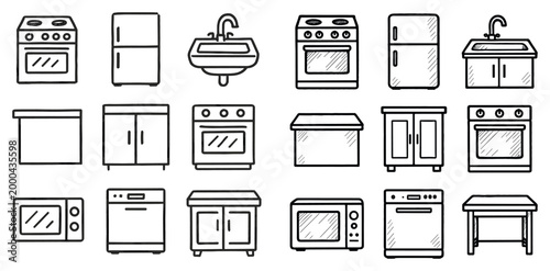 Kitchen icons with oven fridge sink handdrawn