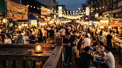 Blurred busy market with glowing lights and wooden foreground, lively social gathering backdrop, warm urban evening atmosphere, soft bokeh, realistic detail, no logos