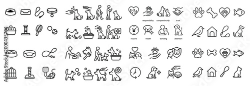 Pet care outline icons with various animals and activities