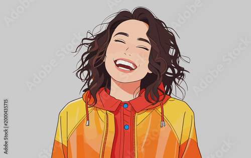 Joyful young woman laughing happily in casual outdoor wear