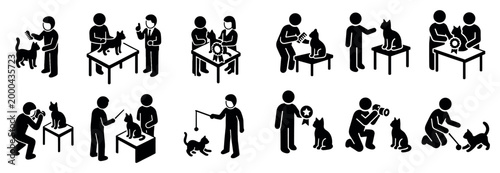 Pet care icons with person cat dog solid
