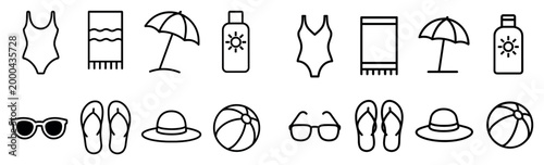 Beach icons with swimsuit towel umbrella outline