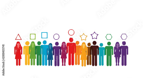 Diverse human silhouettes with colorful translucent gradients and outlined geometric shapes, A clean flat vector illustration showing a horizontal line of multiple overlapping, multi-colored 