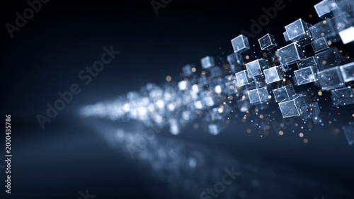 Perspective view of digital block stream with glowing particles representing secure data transmission and high speed fiber optic network