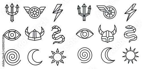 Mythic icons with trident helmet snake outline