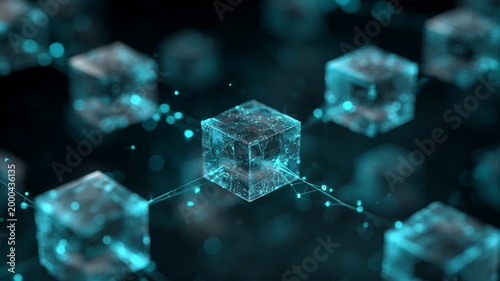 3D blockchain network of transparent glowing cubes connected by digital links representing secure decentralized ledger and smart contracts
