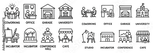 Workplace icons with coworking office garage outline