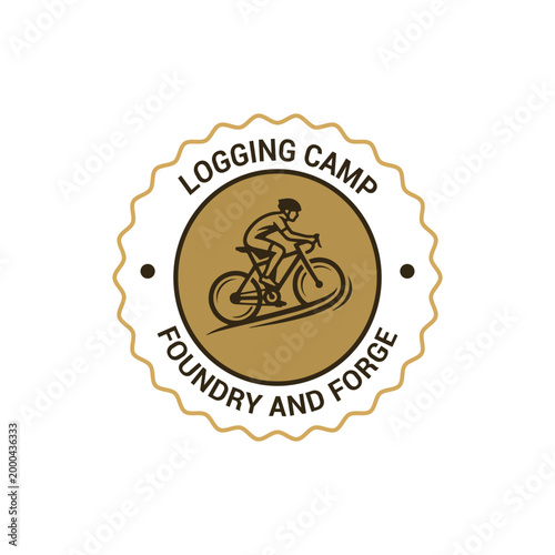 Mountain Bike Cycling Logo for Logging Camp Foundry and Forge, Retro Outdoor Bicycle Adventure Badge