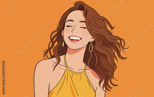 Joyful curly haired woman in yellow dress laughing happily
