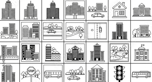 Collection of City Buildings and Urban Elements Icons.