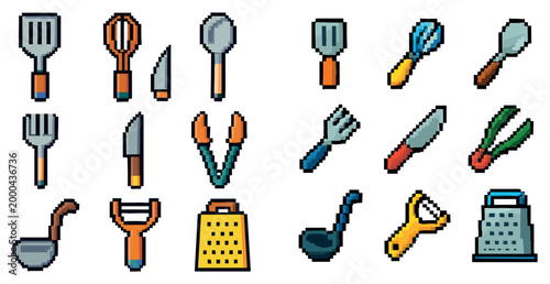 Cooking icons with spatula whisk knife pixel retro